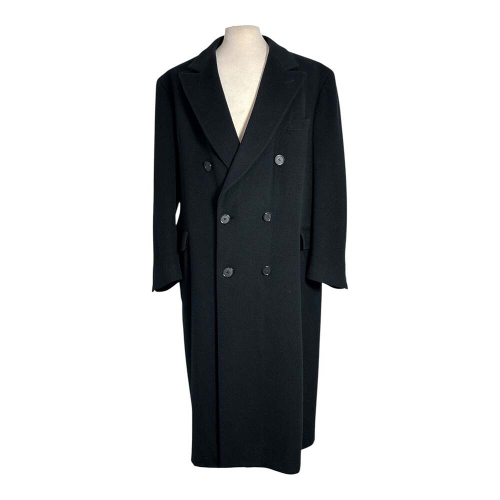 Saks Fifth Avenue Mens Sz 44R Black 100% Lambswool Double Breasted Long Overcoat